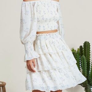 Byrins Boho Floral Skater Skirt + Off The Shoulder Blouse 2 Piece Matching Set S